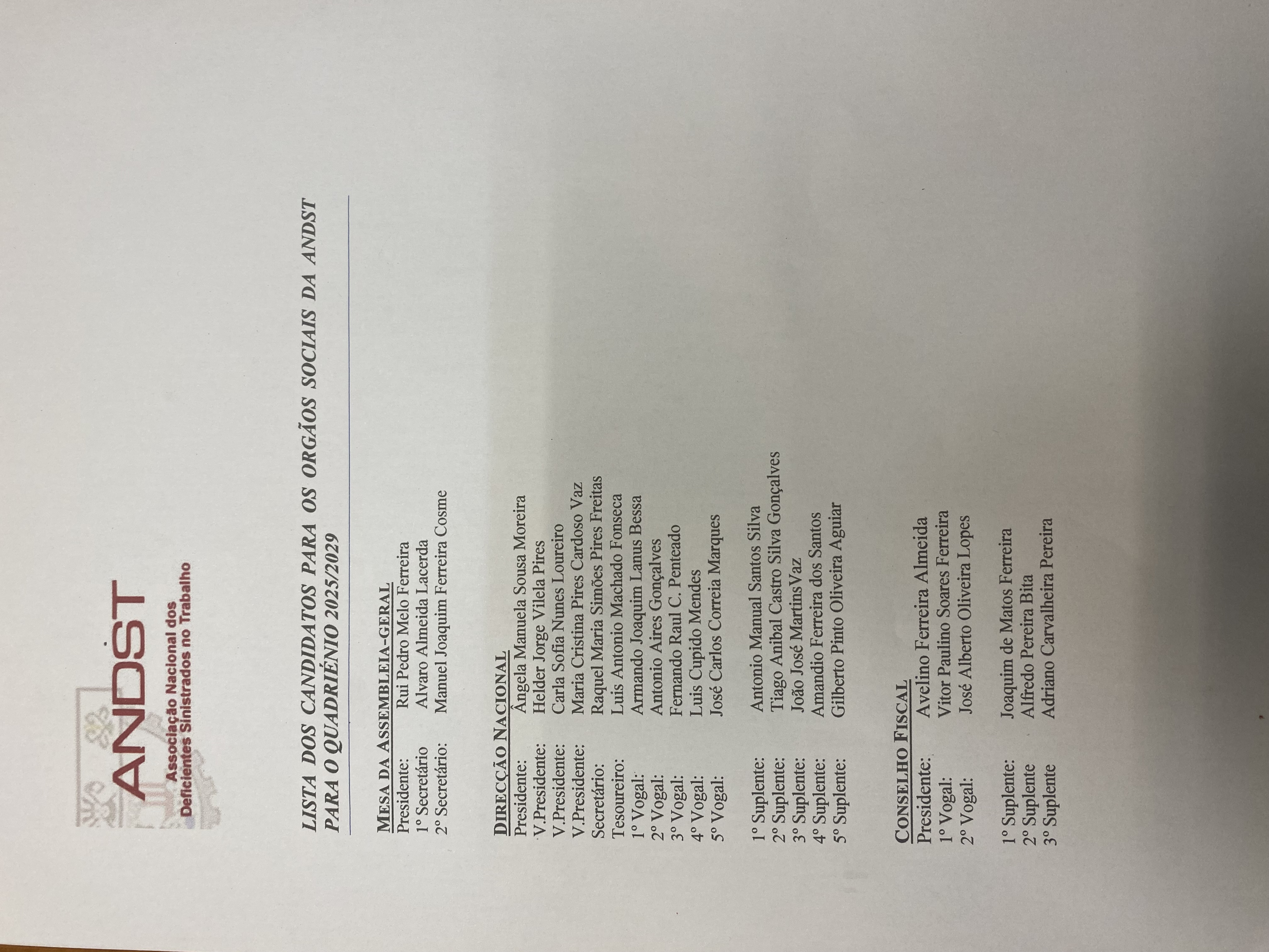 Lista Candidatos aos Órgãos Sociais da ANDST Quadriénio 2025/2029